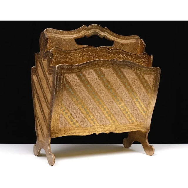 Goldenrod Vintage Italian Florentine Magazine Rack in Giltwood, 1958 For Sale - Image 8 of 12