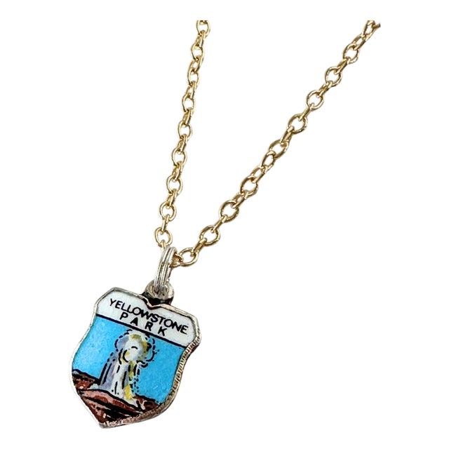 Wyoming Yellowstone National Park Fritz Reu Sterling Silver Enamel Vintage Charm on 18 Inch Gold Filled Necklace For Sale