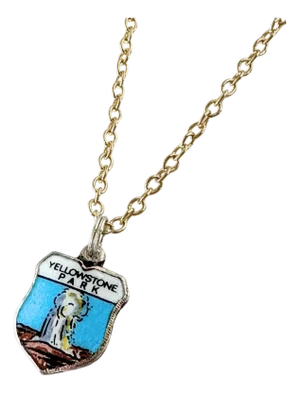 Wyoming Yellowstone National Park Fritz Reu Sterling Silver Enamel Vintage Charm on 18 Inch Gold Filled Necklace
