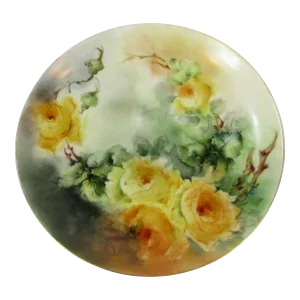 Antique Limoges Yellow Roses Porcelain Plate / Wall Plaque, French Hand Painted