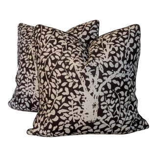 Quadrille Arbre De Matisse Tint on Brown Linen Pillows - Double Sided Pair For Sale