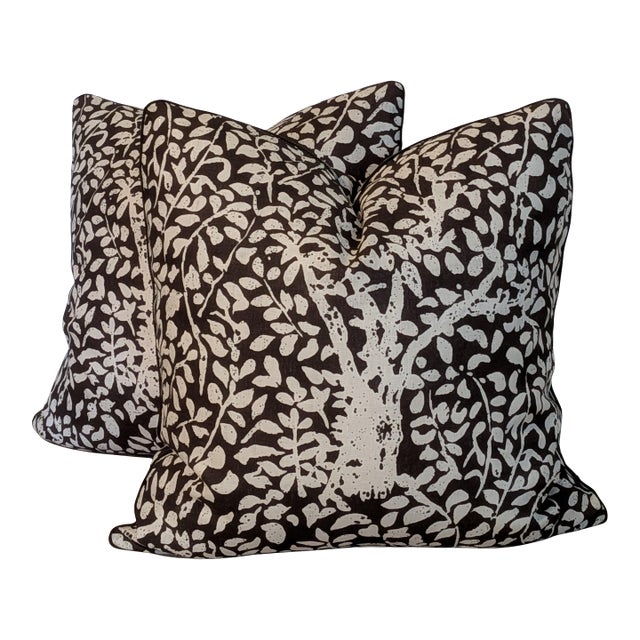 Quadrille Arbre De Matisse Tint on Brown Linen Pillows - Double Sided Pair For Sale