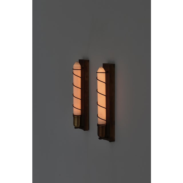 Brown Art Deco Wall Lamps in Brass & Opaline Glass, Denmark, 1940s, Set of 2 For Sale - Image 8 of 17