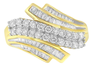 10K Yellow Gold 1.0 Cttw Round & Baguette Cut Diamond 64 Stone Bypass Style Channel Set Modern Statement Ring (H-I Color, SI1-SI2 Clarity) Size 7-1/4