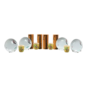Mid-20th Century Asian Tabletop Set of 4 Bamboo Tumblers 4 Saki Cups & 4 Dessert Plates Made in Japan
