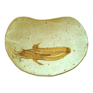 Large Freeform Neutral Pottery Tray With Corn Detailing For Sale