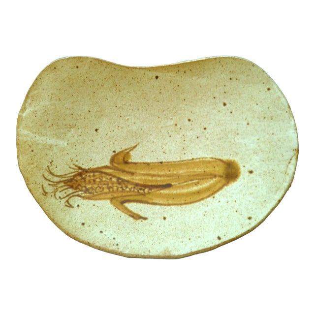 Large Freeform Neutral Pottery Tray With Corn Detailing For Sale
