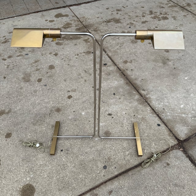 You are viewing a fantastic PAIR of Brass + Chrome Cantilevered + Pivoting Heads Floor Lamps. by Cedric Hartman c1970s....