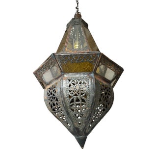 Vintage Moroccan Moorish Lantern Light Pendant With Metal and Molded Amber and Clear Glass For Sale