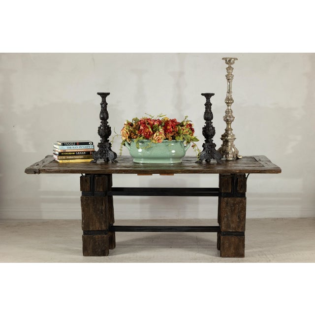 Late 20th Century Vintage Rustic Reclaimed Teak Table with Distressed Top and Metal Base For Sale - Image 5 of 12