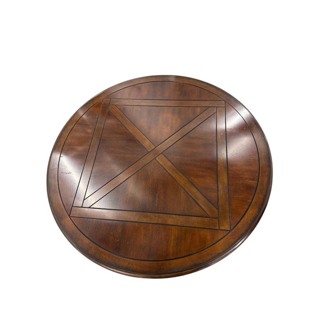 Late 20th Century Inlay Wood Round Two-Tier Coffee Table on Brass Casters For Sale - Image 5 of 9