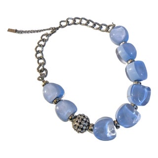 '90s Blue Acrylic Bead Necklace With With Rhinestone and Chrome Inc For Sale