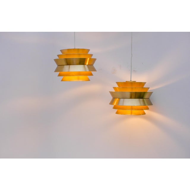 Brass Colored Metal Pendant Trava Lamps by Carl Thore, Sweden from Granhaga Metallindustri, 1960s, Set of 2 For Sale - Image 12 of 14