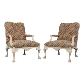 1980’s French Louis XV Style Fauteuil Armchairs Whitewashed Frames & Contemporary Fabric For Sale