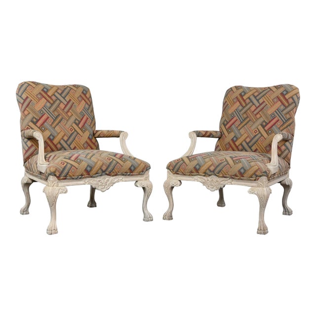 1980’s French Louis XV Style Fauteuil Armchairs Whitewashed Frames & Contemporary Fabric For Sale