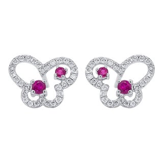 18K White Gold Ruby and Diamond Butterfly Outline Stud Earrings For Sale