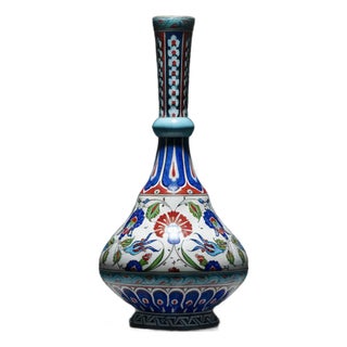 Handmade Ceramic Tall Vase (45cm) Elegant “Ringed Neck” Design with Red Tulip & Blue Floral Pattern – Grand Console Decor For Sale