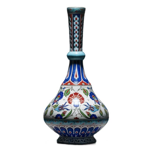 Handmade Ceramic Tall Vase (45cm) Elegant “Ringed Neck” Design with Red Tulip & Blue Floral Pattern – Grand Console Decor For Sale