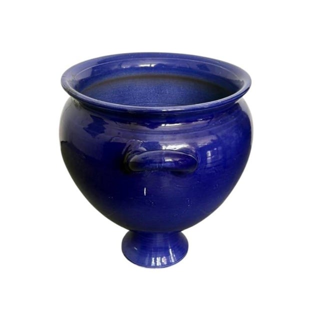Vintage Cobalt Blue Glazed Glazed Ceramic Urn-Form Vase With Loop Handles For Sale - Image 4 of 12