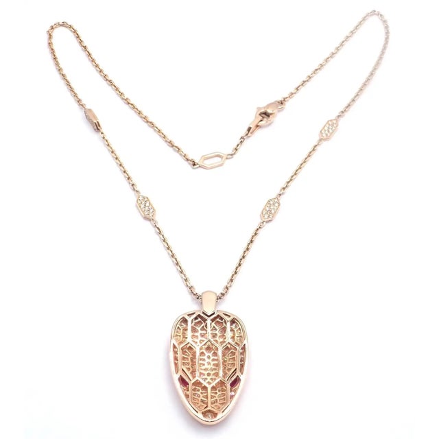 18k Rose Gold Pave Diamond Rubellite Large Serpenti Pendant Necklace by Bulgari. This necklace come with service paper...