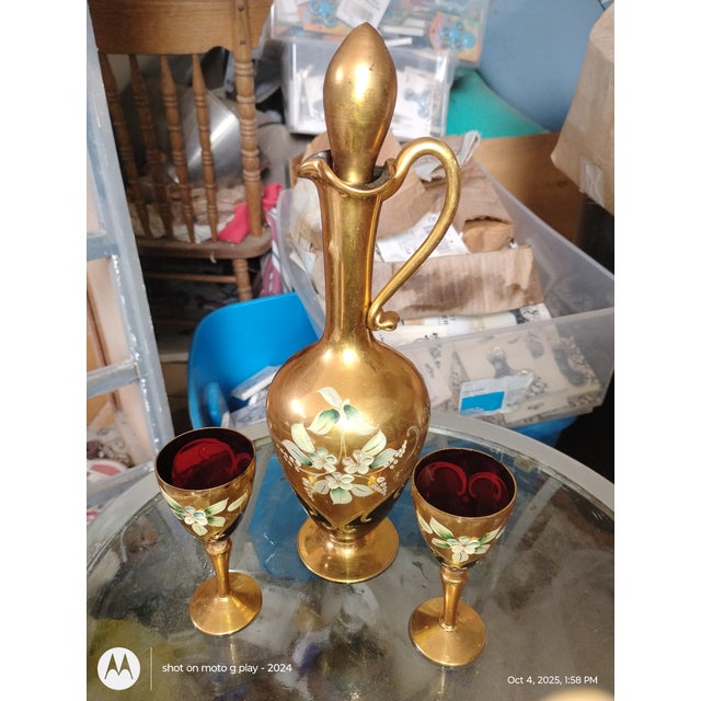 French Country Murano Ruby Glass Decanter and Glasses Antique For Sale - Image 3 of 6