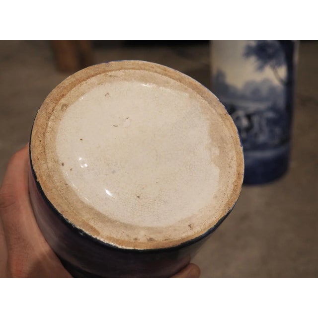 Traditional Pair of Early 1900’s Cobalt Blue and White Cylinder Form Vases From Holland For Sale - Image 3 of 13