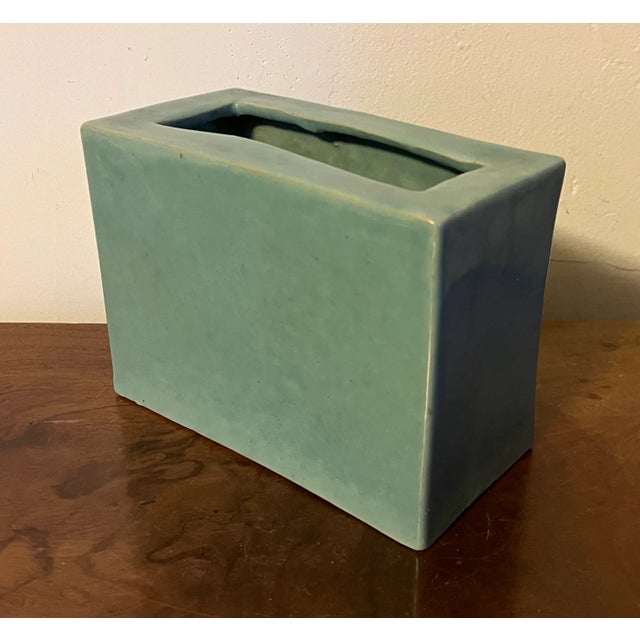 Mid Century Porcelain Blue Green Aqua Monochrome Glaze Pillow Form Flower Brick Block Vase For Sale - Image 4 of 7
