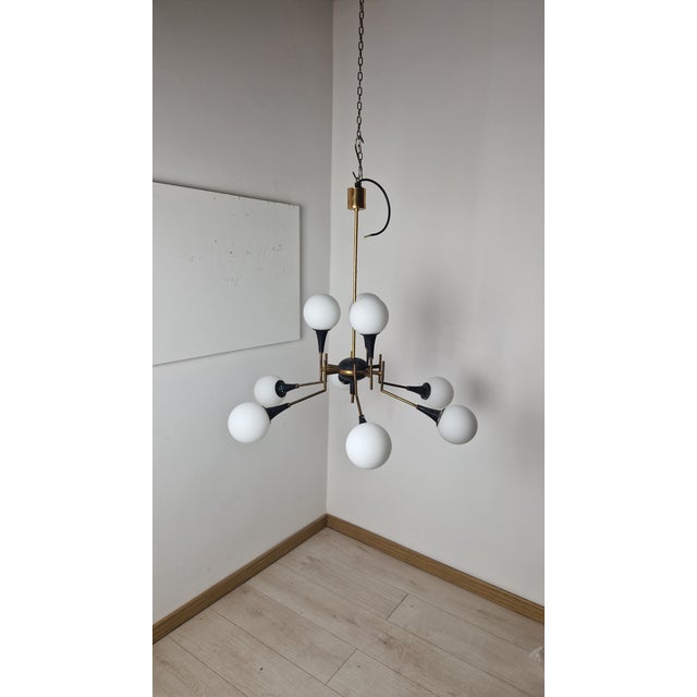 Twelve-Light Brass Chandelier with Opaline Spheres from Stilnovo, 1950s For Sale - Image 13 of 16