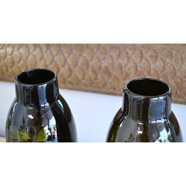 Pair of 1920s Tall Hand Painted Brown Glazed Ceramic Flower Vases For Sale - Image 9 of 12
