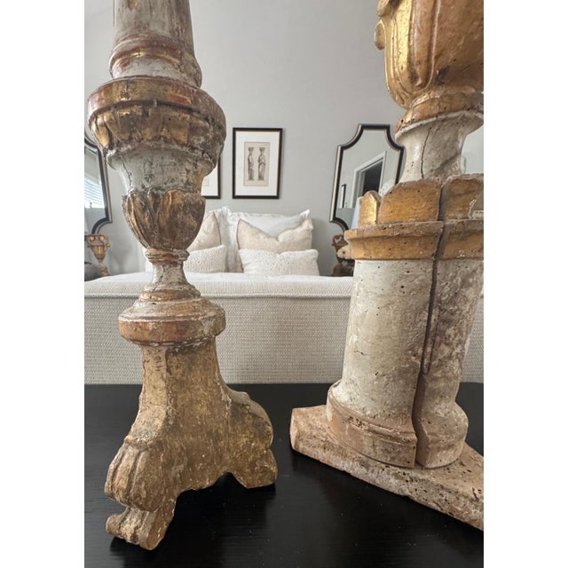 Pair of Antique Italian Painted Wood Candlesticks With Aged Patina For Sale In Los Angeles - Image 6 of 15