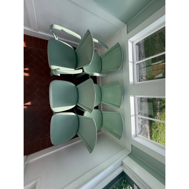 Aqua 1990s Contemporary Style Glass Table With Six Arper Italy Leather Chairs - Set of 7 For Sale - Image 8 of 9