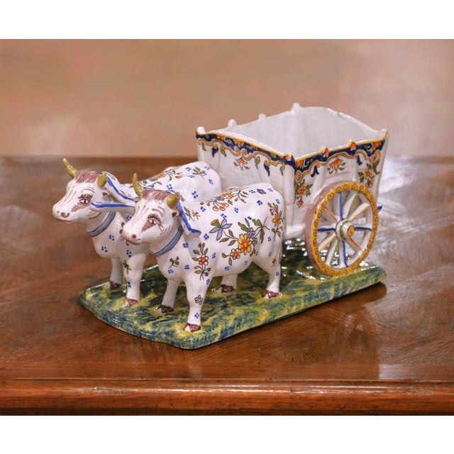 Ceramic Early 20th Century French Quimper Faience Ox Cart Planter or Vide Poche For Sale - Image 7 of 13