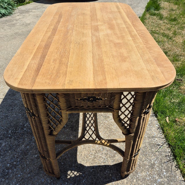 Brown Early 20th C Signed Heywood-Wakefield Arts & Crafts Wicker Library Console Table Desk For Sale - Image 8 of 12