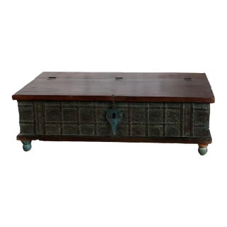 Vintage Wedding Trunk Coffee Table Rustic Carved Storage Blanket Chest For Sale