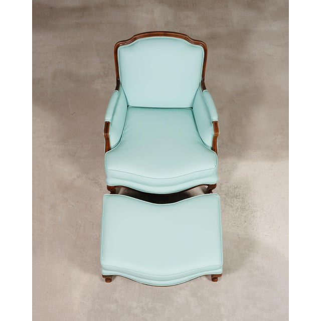 Late 20th Century Louis XV Style Bergère Lounge Chair in Tiffany Blue + Ottoman For Sale - Image 5 of 18