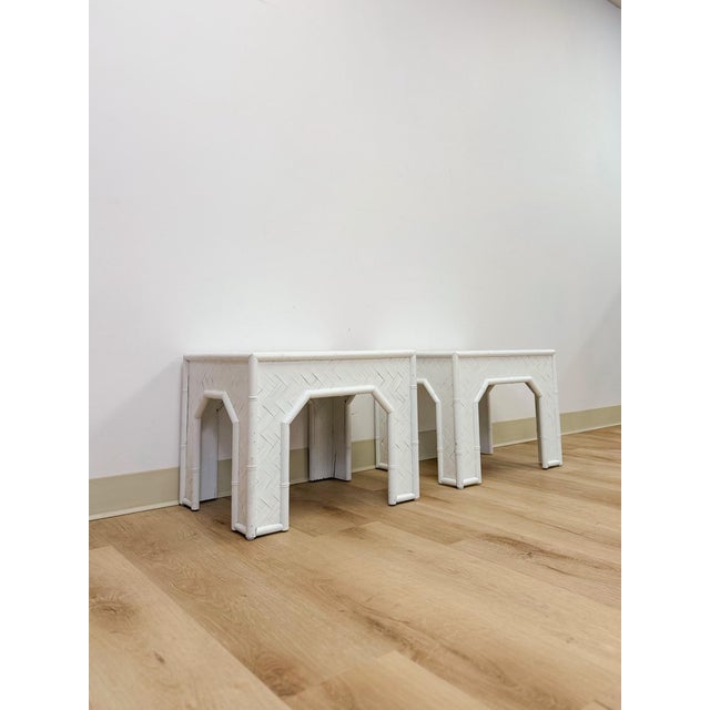This charming pair of white painted parquet faux bamboo Regency side tables are a beautifully detailed and versatile...