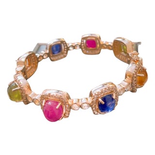 Bochic “Capri” Vintage Ruby & Multi Sapphire Cuff Set In 18K Gold & Silver For Sale