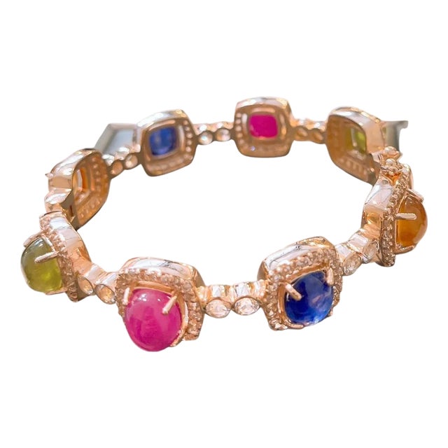 Bochic “Capri” Vintage Ruby & Multi Sapphire Cuff Set In 18K Gold & Silver For Sale