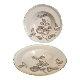 Vintage Pair u.s.a Castleton Gloria Fine China Taupe Roses Blue Band 22Kt Gold Trim Bowls For Sale