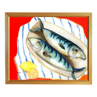 Mid-Century Modern "Two Fish and Lemons" Vintage Style Still Life Oil Painting by Alexandra Swistak, Framed For Sale