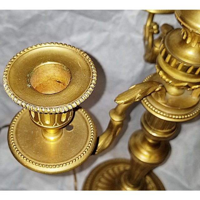Metal Late 19th Century French 23k Gilded Louis XVI Style Candleabra Lamps - A Pair For Sale - Image 7 of 8
