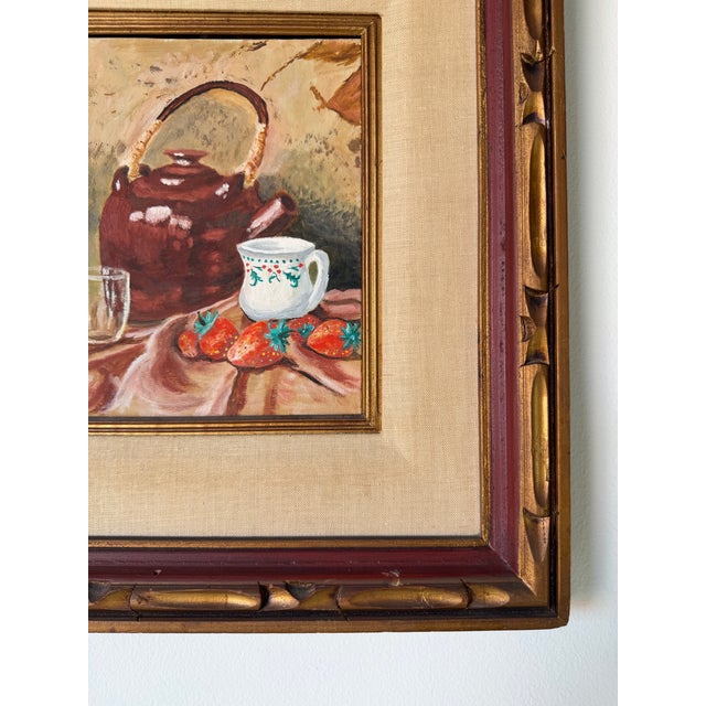 Wood 1970s Vintage Still Life Oil on Board Painting of Teapot, Strawberries & Mug – Framed For Sale - Image 7 of 11