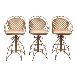 Vintage French Style Wrought Iron Indoor/Outdoor Swivel Barstools W/Cream Coating, Lattice Back and a Beautiful Silky Cream Upholstered Seat, 3 Pieces For Sale