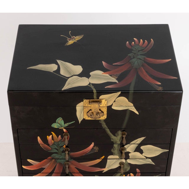 Chinese Chinese Floral Motif Hand-Painted and Black Lacquered Cabinet For Sale - Image 3 of 11