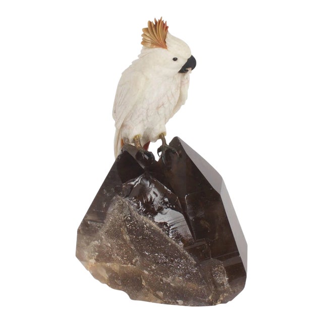 Amusing Carved Hardstone Quartz Cockatoo For Sale