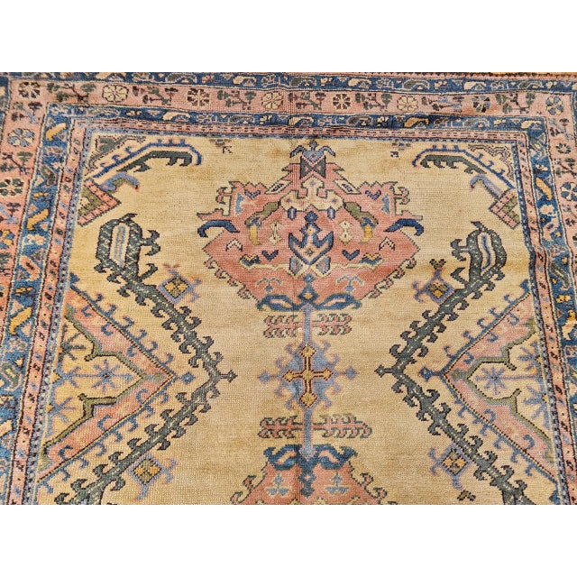 Vintage Turkish Oushak Rug, Geometric Pattern, Pale Yellow & Pink, 7' X 12' For Sale - Image 14 of 18