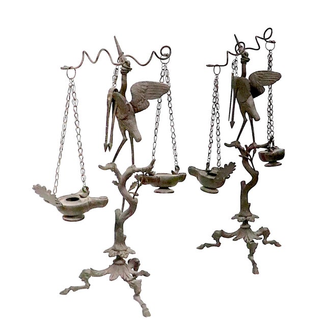 19th C. Grand Tour Candlesticks Bronze Heron Oil Lamps Made in Italy For Sale - Image 16 of 18