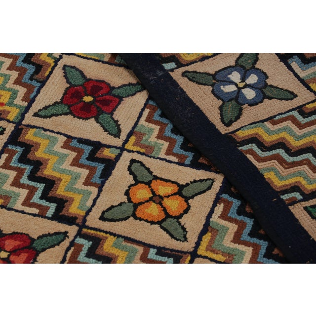 Textile Antique Hooked Runner in Brown With Floral Patterns & Chevrons | Rug & Kilim For Sale - Image 7 of 7