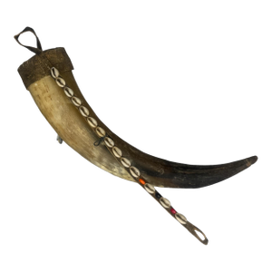 African Ceremonial Horn Cowrie Shell Adornment Hide Cap Trade Beads Ethnographic