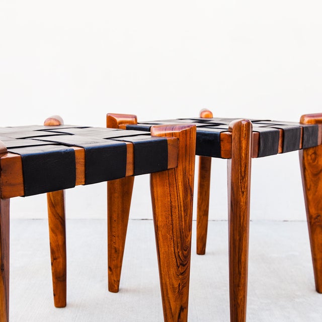 Wood Vintage 1960s Sculptural Stools in Solid Teak & Saddle Leather Attributed to Edmond Spence For Sale - Image 7 of 15